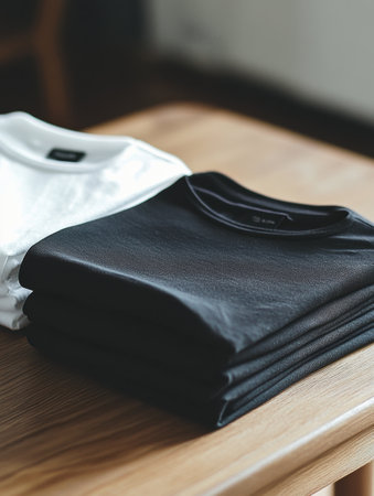 Minimalist sportswear is arranged neatly on a smooth table, emphasizing simplicity and functionality for active lifestyles.の素材