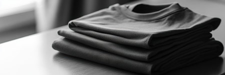 Minimalist sportswear is folded neatly on a smooth wooden table, showing a simple yet organized approach to active living.の素材