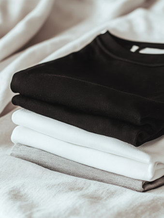 Minimalist sportswear is folded neatly on a smooth table, highlighting a blend of black, white, and gray fabrics tailored for active lifestyles.の素材