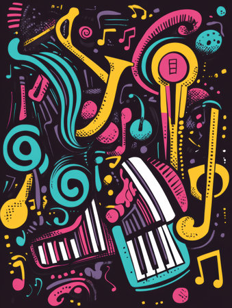 A collection of playful doodles including musical instruments, notes, and sound waves, showing creativity and rhythm in a vibrant style.の素材