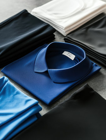 A collection of neatly folded minimalist sportswear displayed on a smooth table, ready for athletic activities or casual outings.の素材