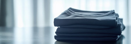A stack of neatly folded minimalist sportswear rests on a smooth table, basking in the soft afternoon light from the nearby window.の素材
