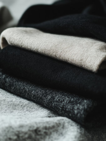 A collection of neatly folded minimalist sportswear featuring neutral colors arranged on a smooth table in a contemporary space.の素材