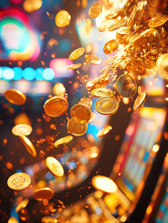A thrilling display of golden coins spills from a slot machine, captivating onlookers with sparkling wealth and vibrant casino lights.の素材