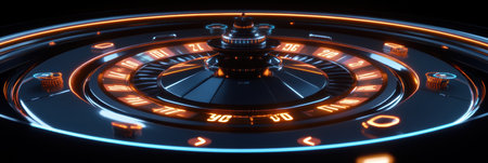 The roulette table features brightly glowing neon numbers, enticing players to engage in thrilling games at the casino.の素材