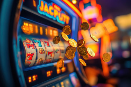 Coins and poker chips burst into the air as the slot machine celebrates a jackpot win in a lively casino environment.の素材