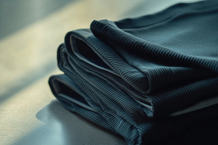 A selection of minimalist sportswear is meticulously folded and arranged on a smooth tabletop, illuminated by soft natural light.の素材