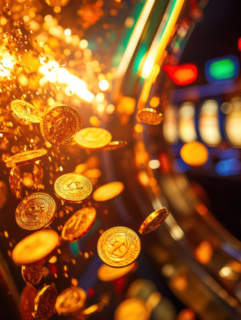 A cascade of shimmering golden coins pours out of the slot machine, filling the air with excitement and anticipation in a bustling casino.の素材