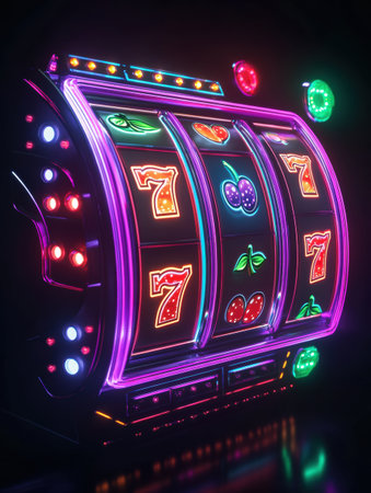 The spinning reels of a bright slot machine display classic symbols like cherries and sevens, capturing the thrill of gambling.の素材