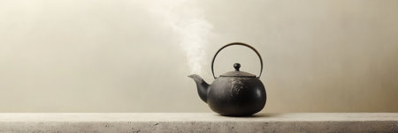 A kettle emits thin lines of steam while resting on a light surface, enhancing the calm and inviting ambiance of the space.の素材