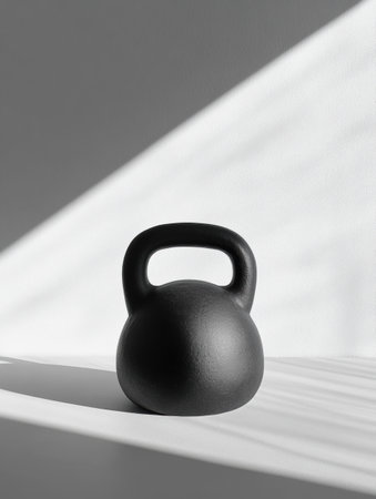 This black kettlebell sits on a surface where light and shadows create a striking contrast, highlighting its functional design.の素材