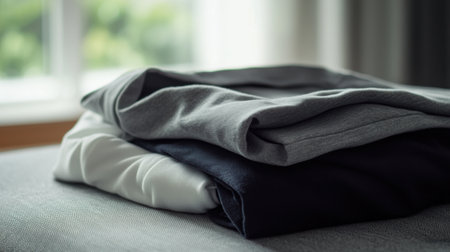 Softly lit, neatly folded sportswear in neutral tones arranged on a table, highlighting an organized and minimalistic lifestyle.の素材