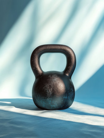 A black kettlebell is positioned on a blue surface, illuminated by soft, natural light, enhancing its texture and shape for workout enthusiasts.の素材