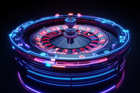 A brightly illuminated roulette table features vivid neon numbers, inviting players in a modern casino atmosphere after dark.の素材