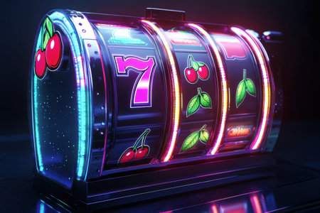 The slot machine features spinning neon reels showcasing classic symbols like cherries, sevens, and bars, captivating nearby players.の素材