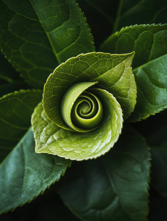 A tea leaf twists elegantly into a spiral shape, surrounded by lush green leaves in a tranquil garden atmosphere.の素材