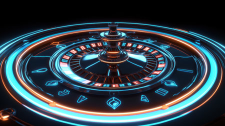 The roulette table glows brightly with neon numbers, creating a lively atmosphere as players gather to enjoy the thrill of betting.の素材