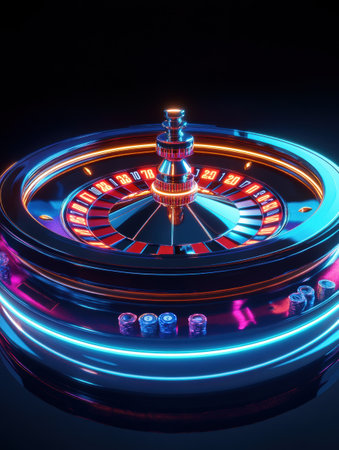 The roulette table showcases bright neon numbers illuminating the dark setting, creating an inviting atmosphere for players.の素材
