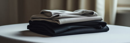 A collection of neatly folded minimalist sportswear rests on a smooth table, showing a blend of functional and stylish athletic attire.の素材