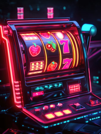 The slot machine features glowing reels with cherries, sevens, and bars as it spins, immersed in an energetic casino atmosphere.の素材