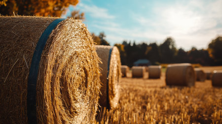 Stacks of harvested hay bask in the sun against a backdrop of colorful fall leaves on a clear day, highlighting rural life.の素材