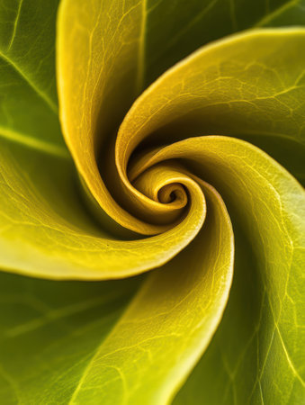 The spiraling tea leaf reveals its delicate texture and vivid hues, beautifully illuminated by soft natural light.の素材