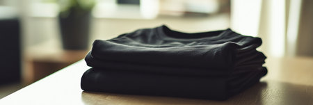 Soft, minimalist sportswear is organized in neat folds on a clean table, reflecting a calm and modern atmosphere.の素材