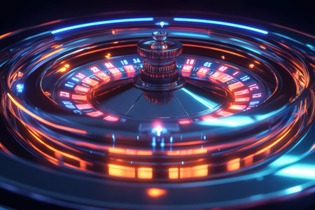Glowing neon numbers illuminate a roulette table as players eagerly place their bets at a bustling casino.の素材