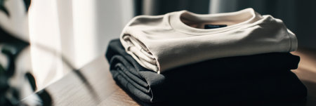 Folded sportswear in neutral tones rests on a smooth table, illuminated by soft natural light, creating a serene and organized ambiance.の素材