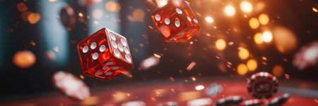 Two vibrant red dice fly mid-air over a craps table, surrounded by scattered chips as players anticipate the outcome of the roll.の素材