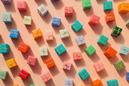 A colorful collection of tiny gift boxes in diverse sizes arranged in a playful pattern on a soft pastel surface.の素材