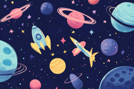Whimsical doodles feature vibrant planets, rockets, and stars floating against a dark cosmic backdrop, sparkling imagination and creativity.の素材