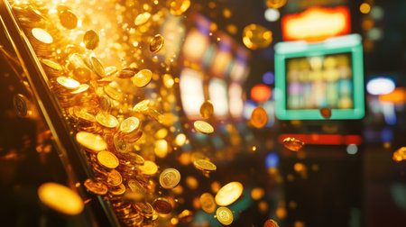 Golden coins burst from a slot machine, filling the air with excitement and the promise of wealth in a lively casino environment.の素材