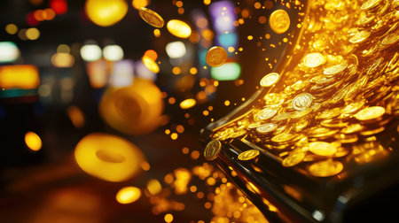 Golden coins flow abundantly from a slot machine, filling the air with a sense of excitement and the thrill of winning in a bustling casino.の素材