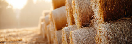 Stacks of harvested hay bask in sunlight against a vibrant fall backdrop, capturing the essence of rural agriculture in autumn.の素材