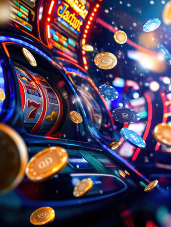 Coins and poker chips soar into the air after a slot machine hits the jackpot, creating an exciting atmosphere in the casino.の素材