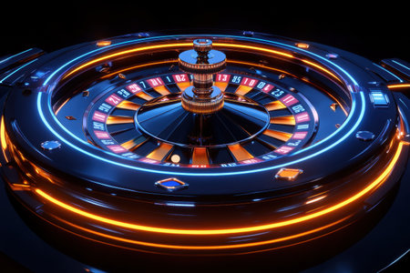 Glowing neon numbers illuminate the roulette table, enhancing the exhilarating ambiance of nightlife in the modern casino environment.の素材