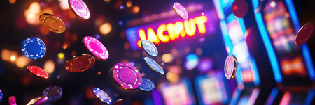Coins and poker chips are dramatically flying upwards as a slot machine celebrates hitting the jackpot in a colorful casino environment.の素材