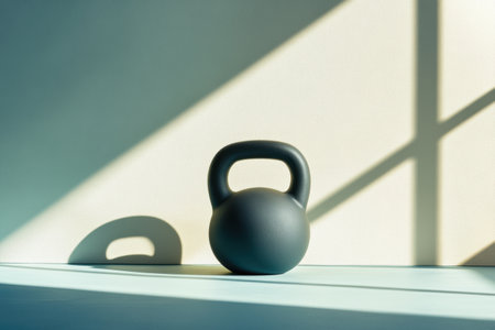 A black kettlebell rests on a light surface, with natural light illuminating the space and creating distinct shadows in the morning.の素材