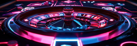 The roulette table displays glowing neon numbers, creating an enticing atmosphere for players eager to test their luck during gameplay.の素材
