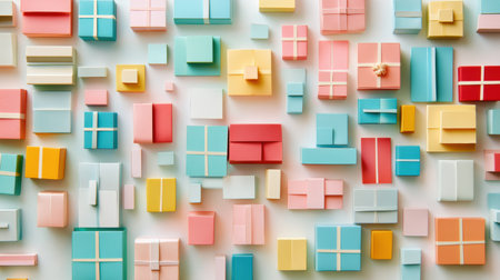 A cheerful array of colorful gift boxes in various sizes, beautifully arranged on a clean white backdropの素材