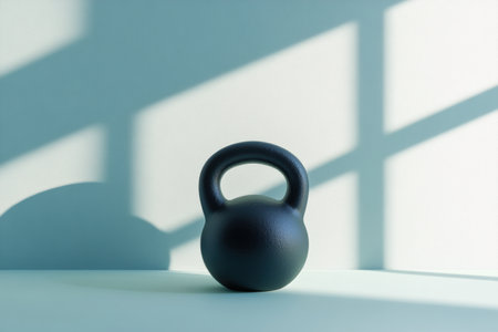 A minimalistic black kettlebell is positioned on a pale surface, illuminated by gentle sunlight, perfect for at-home fitness routines.の素材