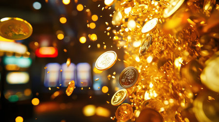 A slot machine pours forth a vibrant cascade of shimmering golden coins, generating an electrifying sense of fortune and thrill.の素材
