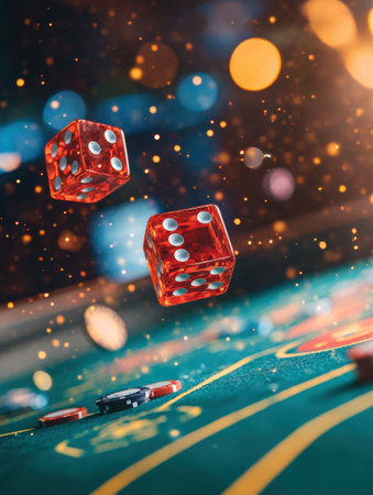 Two vibrant red dice are airborne above a craps table filled with colorful chips, capturing the thrill of a casino atmosphere.の素材
