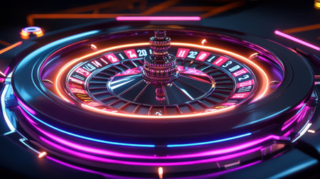 The roulette table glows with neon numbers, creating an electric atmosphere in the bustling casino during evening hours.の素材