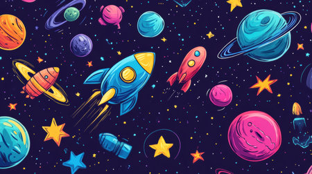 A vibrant display of cosmic doodles showcases planets, rockets, stars, and asteroids set against a dark space background.の素材