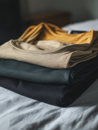 A collection of minimalist sportswear is folded neatly on a smooth table, creating an organized and stylish workout environment.の素材