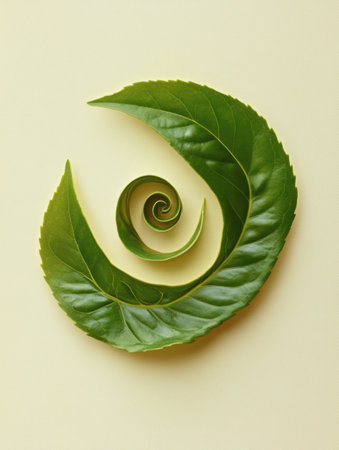 A tea leaf elegantly spirals inward, creating a captivating design against a soft background that highlights its natural beauty.の素材