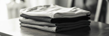 Soft, minimalist sportswear is stacked neatly on a smooth, dark table, displaying a blend of colors for a stylish and organized look.の素材