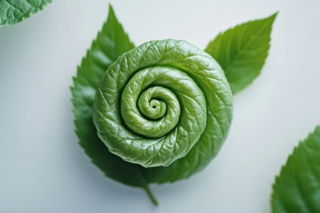 A spiral-shaped tea leaf rests on a vibrant green leaf, highlighting its delicate curves and vivid coloration in soft lighting.の素材